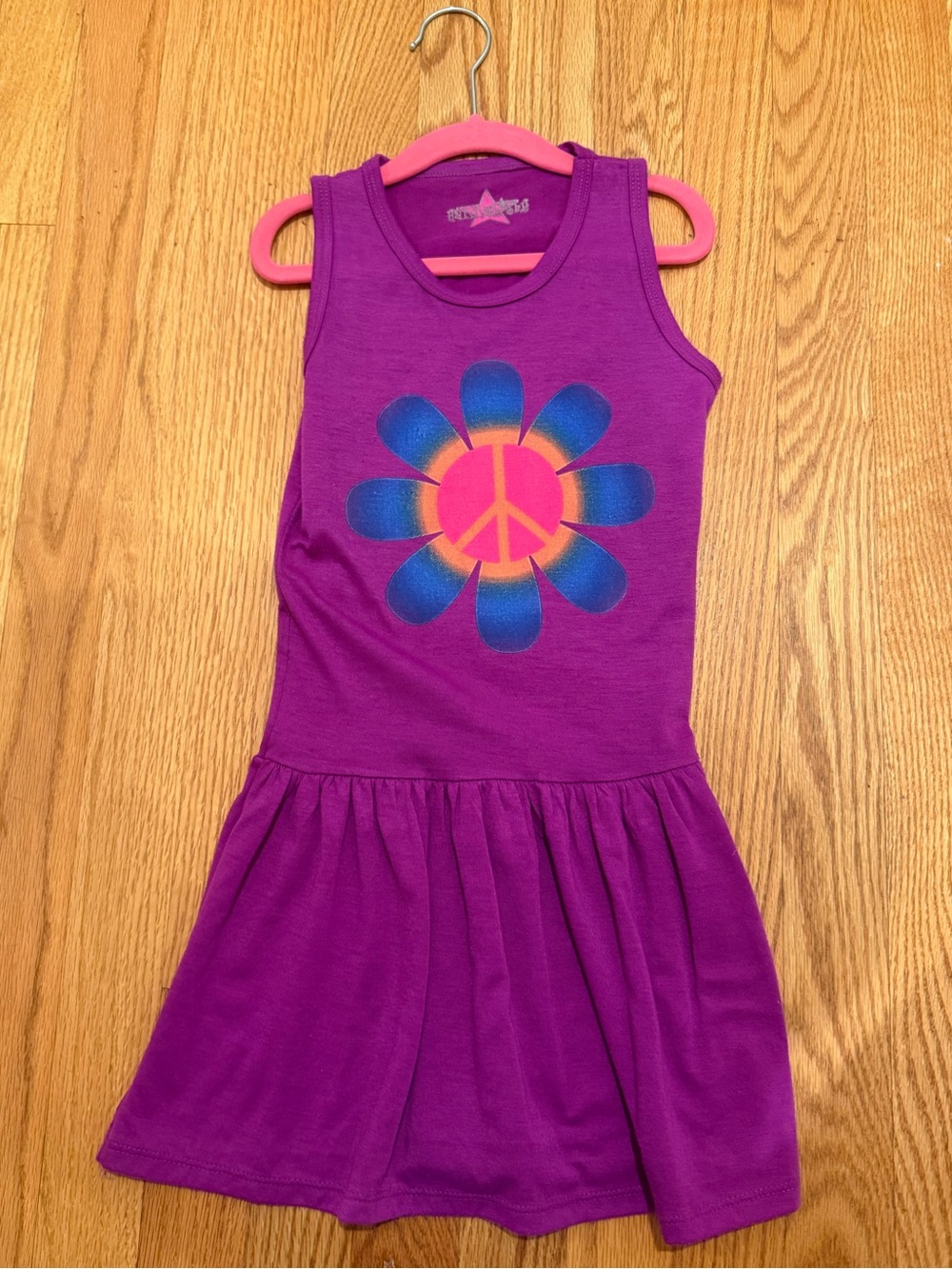 Girls Purple Tank Dress with Colorful Flower Peace Graphic
